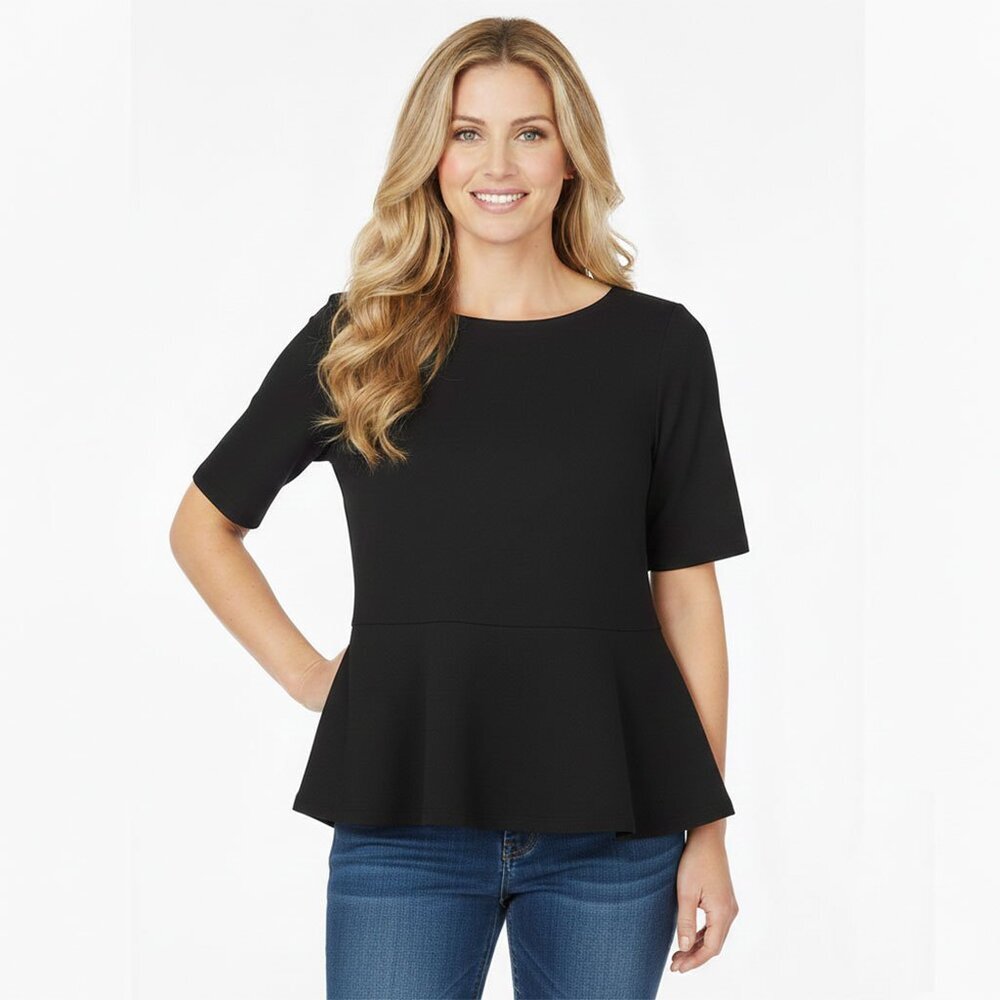 Talbots Black Peplum Short Sleeve Blouse Top  Fit & Flare Shirt Casual NWT